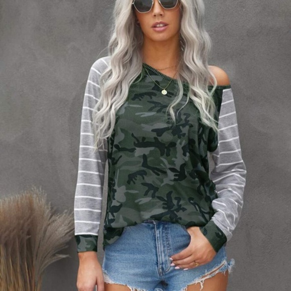 Tops - stripes green camo print long sleeve top